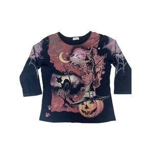Cactus Bay Halloween T-Shirt Women's Pumpkin Black Cat Spider Bat AOP VTG Medium